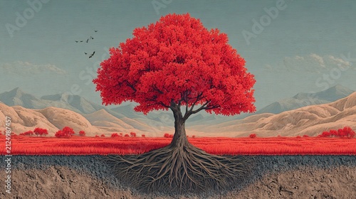 Vivid Red Tree in Desert Landscape with Mountain Background.