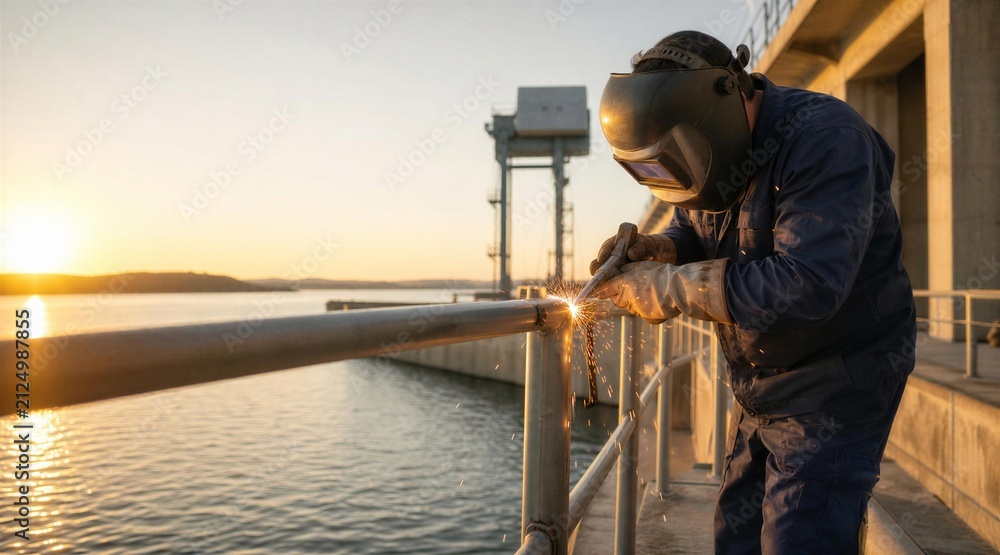 Fototapeta premium Skilled worker welding metal railing at industrial water site