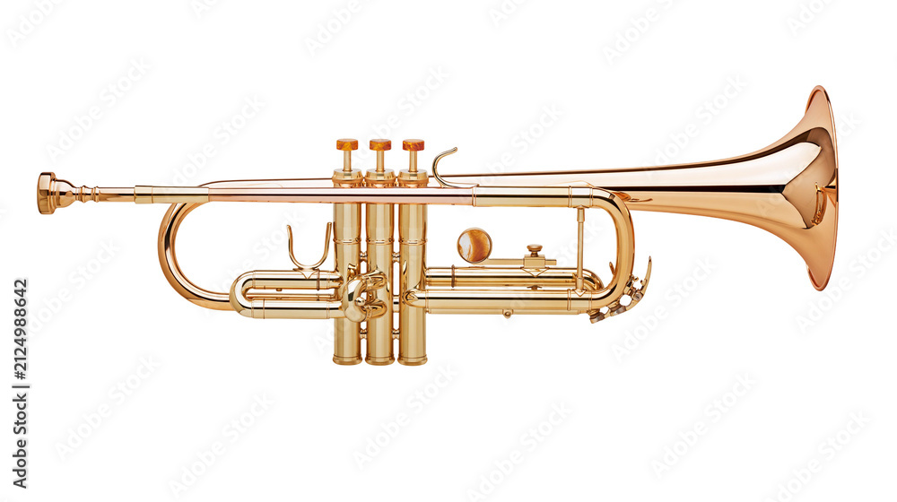 Fototapeta premium Shiny brass trumpet with three valves, isolated on transparent background
