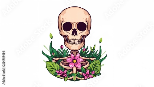 Skeleton Surrounded by Tropical Plants and Flowers on White Background