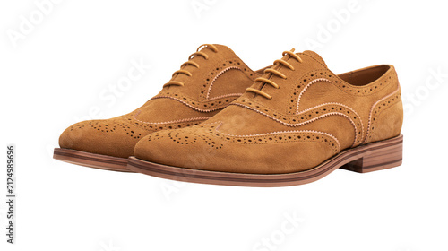 Foto Tan suede wingtip brogue oxford shoes with decorative stitching, isolated on tra