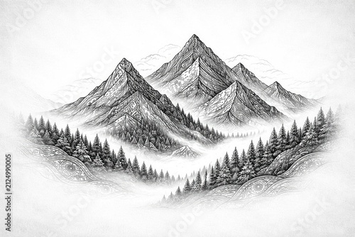 Mountain Range Illustration Surrounded by Forest in a Misty Landscape