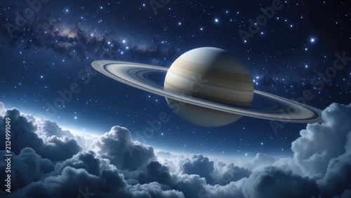 Saturn Planet Surrounded by Clouds and Stars in Deep Space