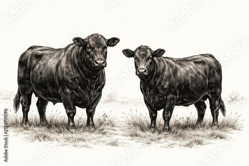 Black Cattle Pair Standing in Grass against Light Background