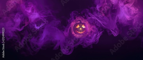 Glowing Jack O'Lantern Surrounded by Purple Smoke in Dark Atmosphere