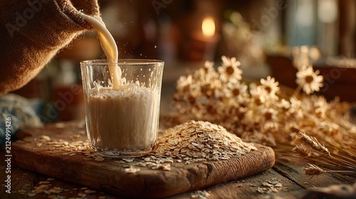 Person Pouring Hot Milk into Glass on Rustic Wooden Table with Flowers.