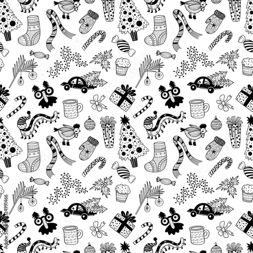 Hand Drawn Christmas Seamless Pattern with Funny Arts