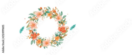 Floral Wreath Arrangement with Orange Flowers and Green Leaves on White Background