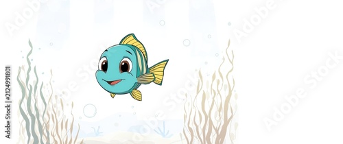 Happy Cartoon Fish Swimming Underwater with Seaweed in a Lightly Colored Scene