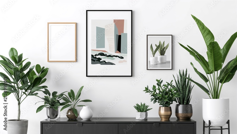 Fototapeta premium Modern Living Room Decor with Indoor Plants and Framed Art on a White Wall