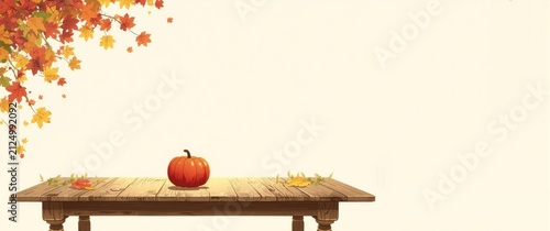 Pumpkin Centered on Wooden Table Surrounded by Autumn Leaves in Warm Light