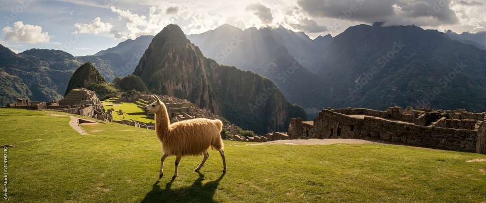 Fototapeta premium Llama Walking Through Machu Picchu Landscape Under Dramatic Mountain Light
