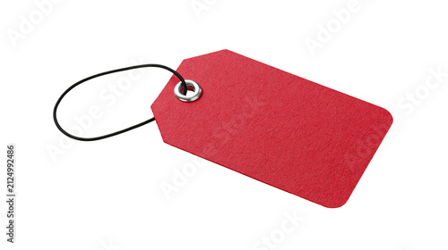 Blank red paper tag with black string loop, isolated on transparent background