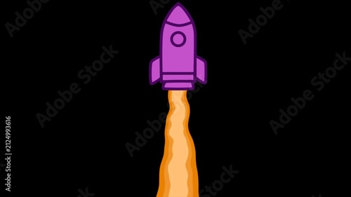 Minimalist Illustration of a Purple Space Rocket Launching Into the Dark Void with a Vibrant Orange Exhaust Trail for Creative Design Projects