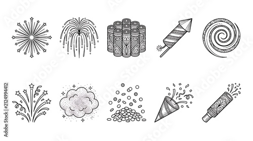 Hand-drawn fireworks and celebration doodle icon set.