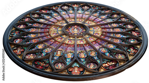 Vibrant stained glass circular window with intricate designs with window black frame large circular architecture decorative glasswork beautiful