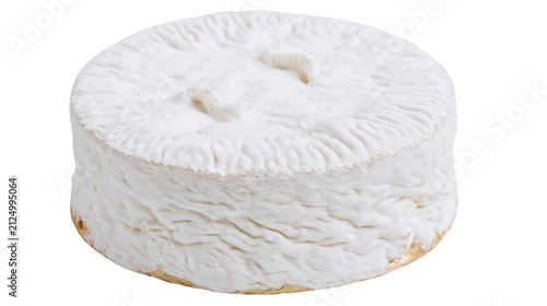 Round white bloomy rind cheese with textured surface, isolated on transparent background