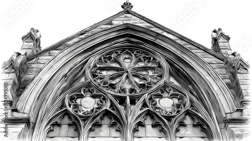 Intricate gothic stone window tracery on building facade with white illustration gothic detailed black white architecture monumental stonework