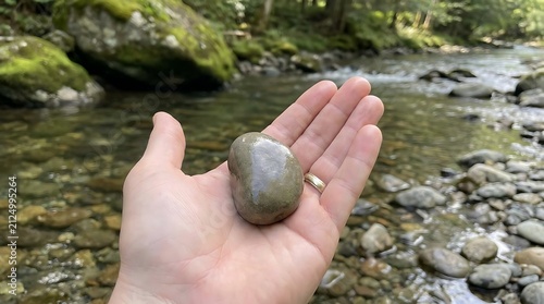 Human hand holding smooth stone over flowing river water.