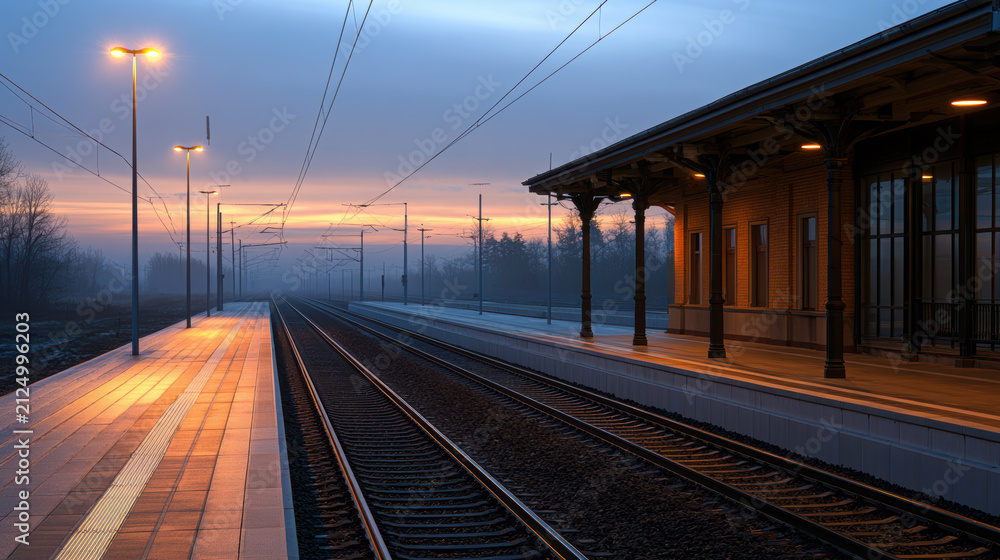 Fototapeta premium Quiet railway station empty platform sunrise misty morning glowing lights tranquil tracks architecture peaceful