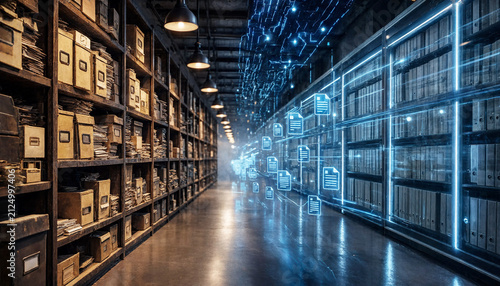 Archives room filled with old paper documents on wooden shelves transitions into a modern digital server room with glowing blue data streams flying across the center aisle towards the storage units.