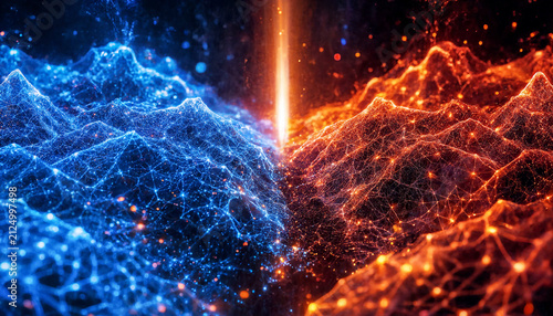 Landscape abstraction features contrasting blue and orange digital terrain with glowing nodes and lines, representing a complex network of data or energy flowing across a synthetic mountainous.