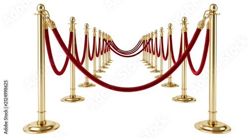 Quadro su tela Golden stanchions with red velvet ropes forming a pathway, isolated on transpare