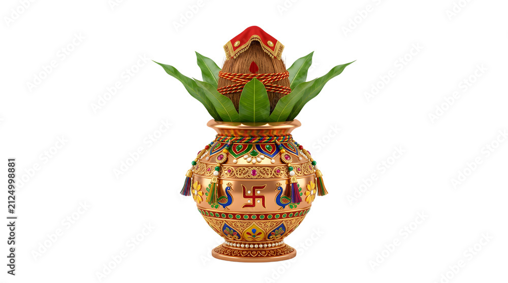 Obraz premium Golden Kalash holy pot with coconut and leaves.