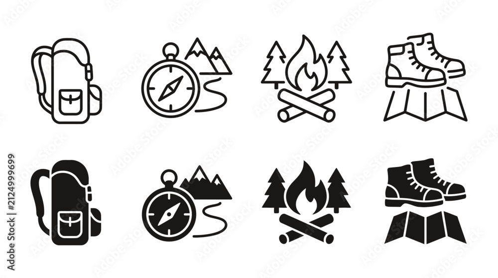 Fototapeta premium Hiking and wilderness camping activity icons in line and silhouette style with backpack adventure trekking wilderness