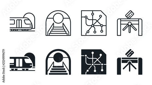 Subway transit and station access icons in line and silhouette style with staircase turnstile transport infrastructur