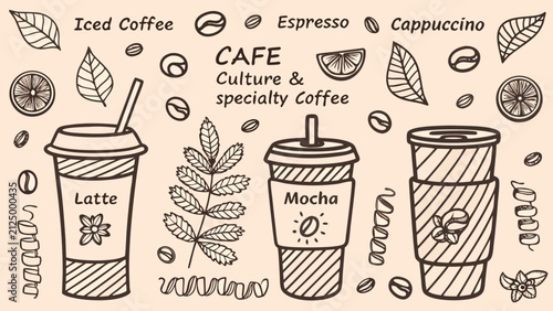 Obraz na plátně coffee types illustrated in line art style latte mocha espresso cappuccino iced