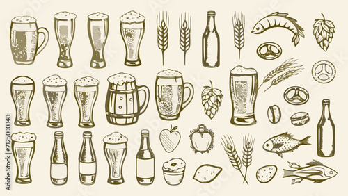 Fotografie a hearty collection of beer related items in sepia toned vector style glasses mu