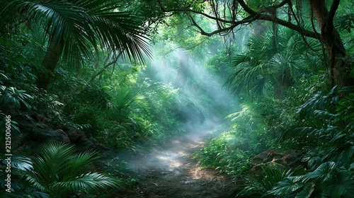 Sunlight streams through a misty tropical forest onto a winding dirt path.