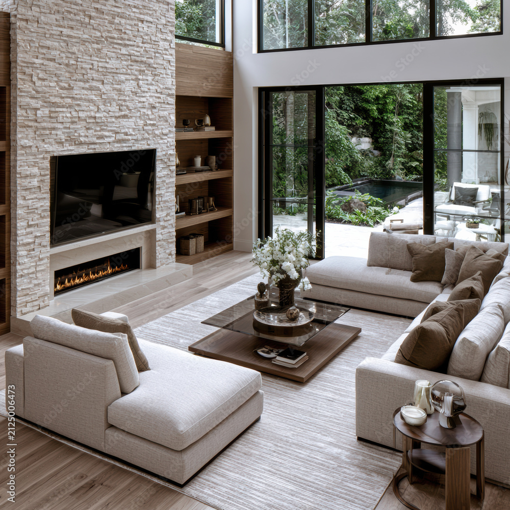 Obraz premium Modern luxury living room with large windows, beige sofa, stone fireplace, glass coffee table, and garden view, creating cozy elegant atmosphere