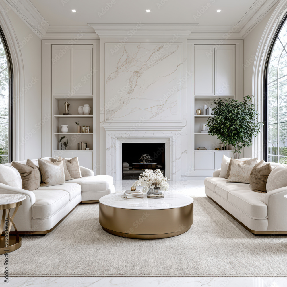 Obraz premium Elegant luxury living room with marble fireplace, white sofa, gold accents, large windows, neutral decor, and modern high end style