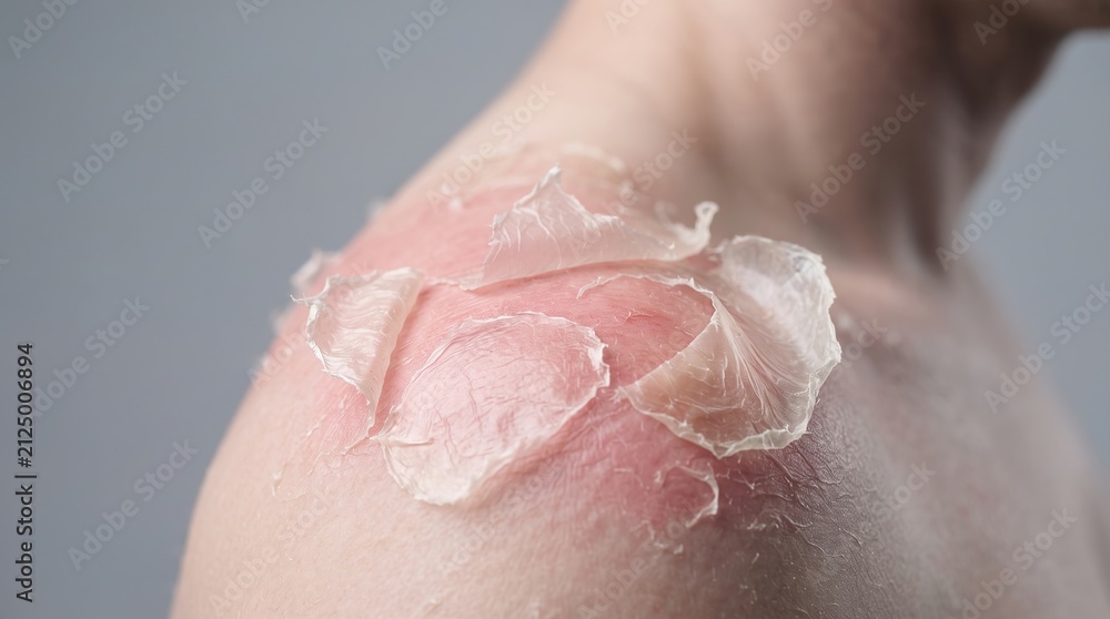 Fototapeta premium Severe sunburn peeling on male shoulder with large flakes of dead skin peeling off