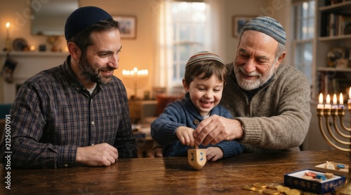 Multi-generational jewish family celebrating hanukkah at home, playing dreidel together, with menorah and gelt on table