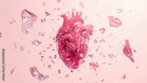 Shattered Heart Surrounded by Pink Fragments on a Soft Background