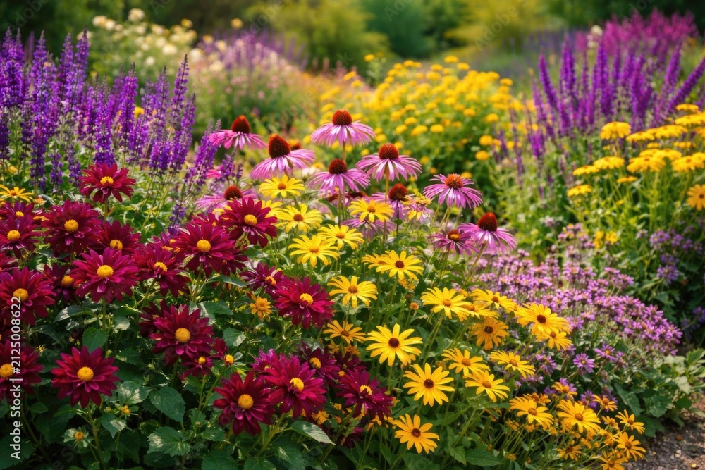 Obraz premium Colorful Flower Garden in Full Bloom with Vibrant Petals and Lush Greenery