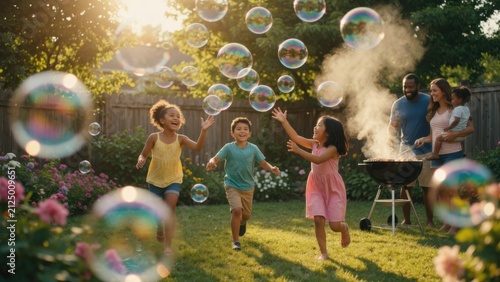 Happy Family Backyard BBQ with Kids Blowing Bubbles at Sunset
