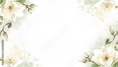 Floral Border with White Flowers and Green Foliage on Soft Background