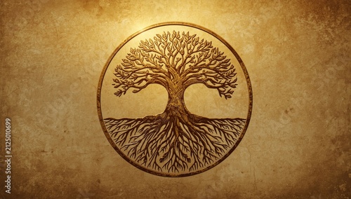 Tree of Life Illustration in Circular Design with Roots and Branches on Textured Background