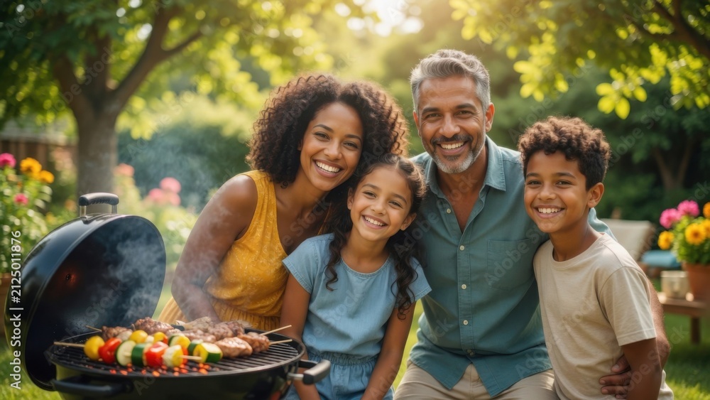 Fototapeta premium Happy Multigenerational Family Grilling Together in Backyard