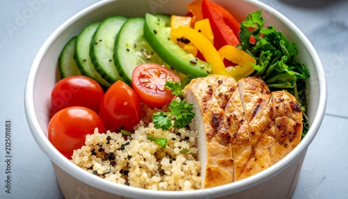 Healthy grilled chicken quinoa bowl with fresh vegetables