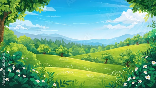 Lush Green Landscape with Rolling Hills and Blue Sky Surrounded by Trees