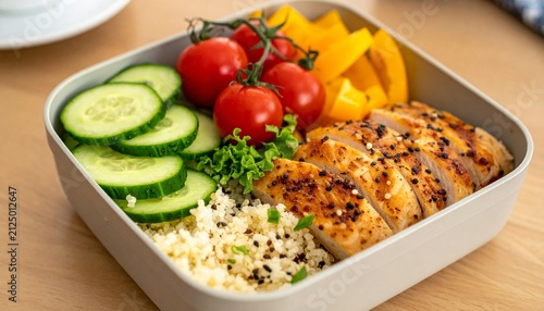 Healthy chicken and quinoa lunchbox with fresh vegetables