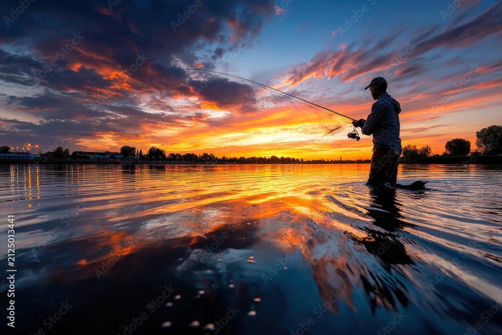 Fototapeta premium Fisherman in Water at Sunset with Fishing Rod