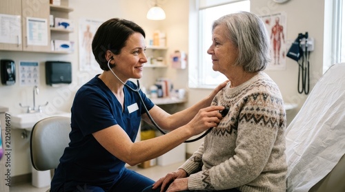 Professional female doctor performing a routine health check-up on an elderly female patient in a modern medical clinic examination room