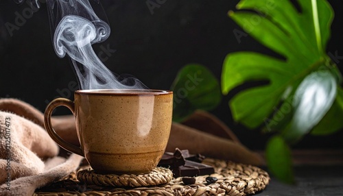Steaming mug of coffee with chocolate and monstera leaf