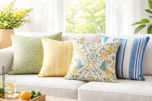 Decorative Throw Pillows on a Sofa in a Bright Living Room Setting